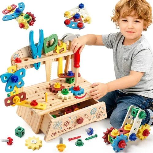 Juego de herramientas de madera para niños, 57 piezas de juguete de