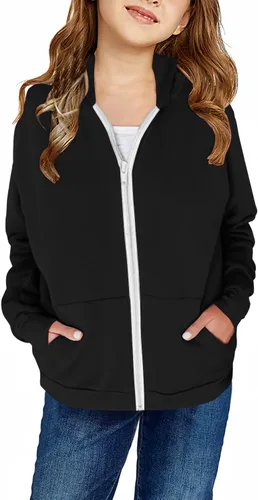 storeofbaby Sudadera con capucha y cremallera para niñas, chaqueta casual de manga larga, sudadera ligera con bolsillos 1 Negro