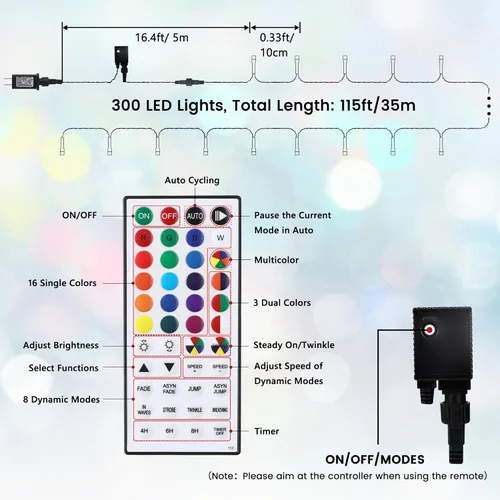 Vista 6 de Zeiliuled Guirnalda de luces de Navidad que cambian de color, 115 pies 300 luces LED de Navidad para exteriores con control remoto, luces de cadena