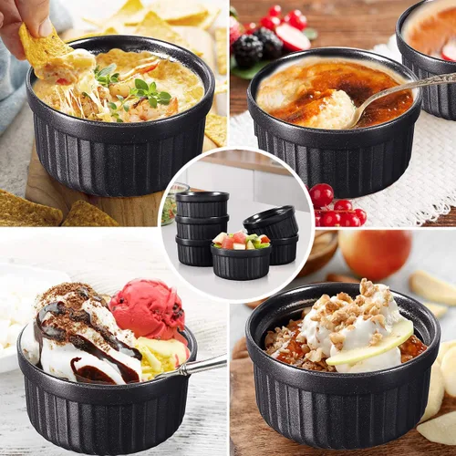 Vista 3 de Yachi Ramequines de soufflé negro juego de 6 piezas de cerámica para hornear de 4 onzas, apto para horno, para salsas, sopa de cebolla, pastel
