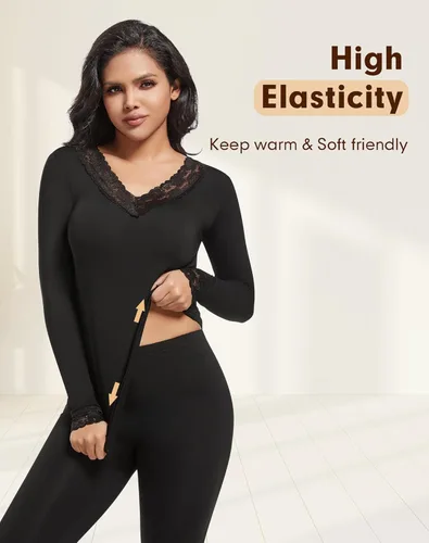 Vista 4 de MANCYFIT Ropa interior térmica para mujer, camiseta de manga larga, con cuello en V, con forro polar, para clima frío