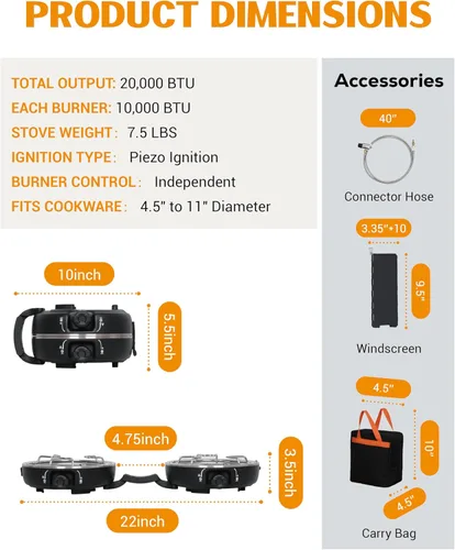 Vista 8 de Estufa de camping de propano de 2 quemadores con parabrisas, estufas de camping portátiles y plegables con bolsa de transporte, estufa de campamento