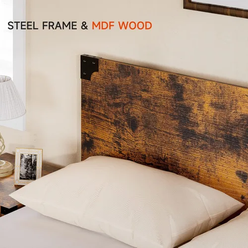 Vista 5 de coucheta Marco de cama tamaño Queen con 4 cajones de almacenamiento y cabecero, plataforma de metal resistente y madera rústica, marco de cama Queen