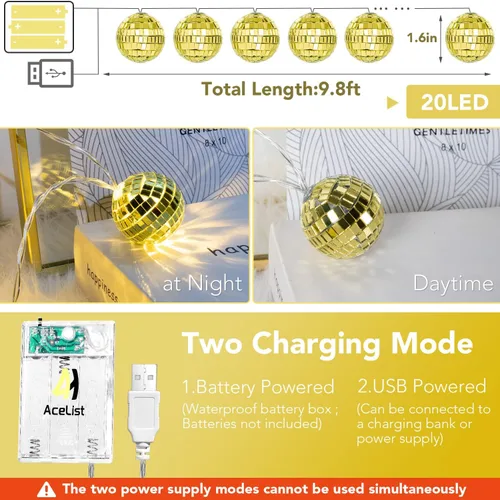 Vista 2 de AceList Tira de luces LED de 20 luces LED de 9.8 pies, funciona con pilas y enchufe USB, luces de bola de discoteca para decoraciones de fiesta