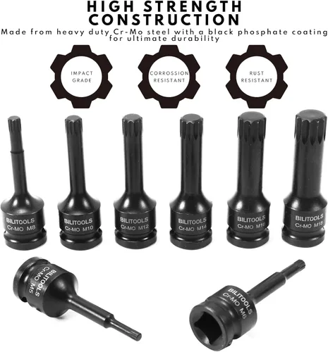 Vista 5 de BILITOOLS Juego de 8 piezas Impact XZN Triple Square Spline Bit Socket Set 1/2 inch Drive, M5-M18, Cr-Mo Steel