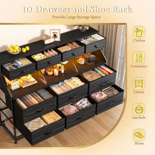 Vista 4 de EnHomee Cómoda para dormitorio con 10 cajones y zapatero de tela con luces LED y tomas de corriente, tocador de dormitorio para entrada, pasillo