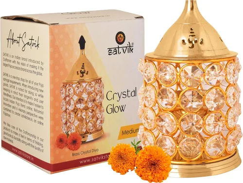 Vista 6 de Satvik - Lámpara de cristal decorativa de latón con forma ovalada para decoración de Diya Diya Diwali, lámpara de aceite de cristal decorativa