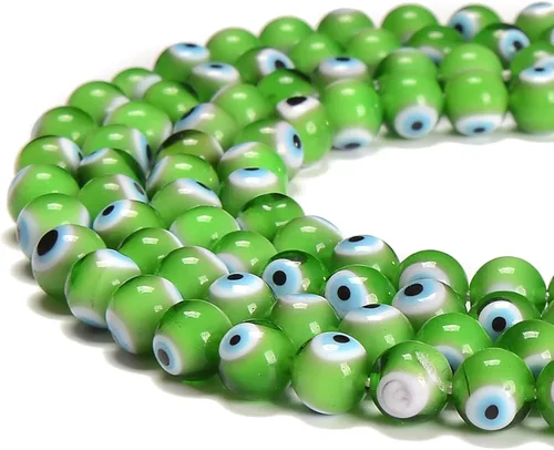 Vista 4 de JM Design Peridot Green Evil Eye Glass Cuentas redondas lisas tamaño 0.236 in 15.5'' Hebra para fabricación de joyas