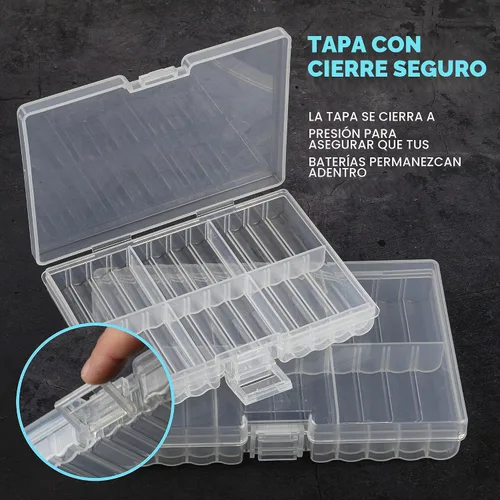 Vista 6 de GlossyEnd Juego de 4 cajas de almacenamiento de baterías AA y dos AAA, soporte para almacenamiento de batería con probador, transparente. Cada