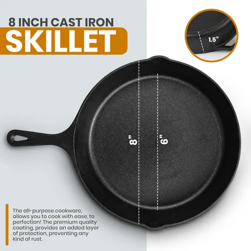 Vista 3 de Utopia Kitchen Sartén para saltear de 8 pulgadas, sartén de hierro fundido para chefs, sartén de hierro fundido presazonada con tapa, utensilios
