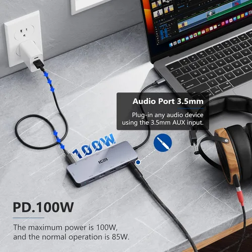 Vista 5 de ICZI Adaptador multipuerto USB C Hub 11 en 1 con 1 puerto HDMI/VGA/Ethernet, lector de tarjetas SD/TF, 4 puertos USB, conector de audio 3.5 y carga