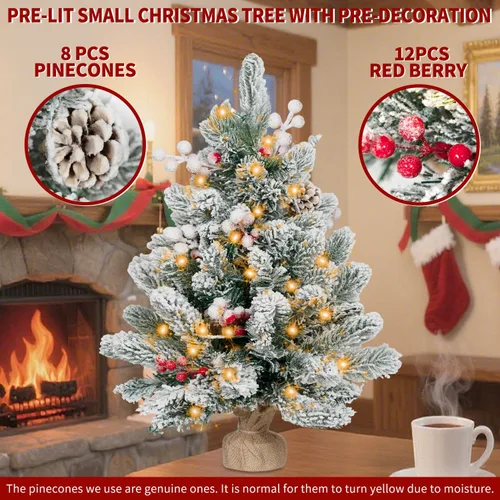 Vista 7 de ININ Mini árbol de Navidad preiluminado de 2 pies con nieve artificial, árbol de Navidad artificial de mesa con luces LED, pequeño árbol de pino