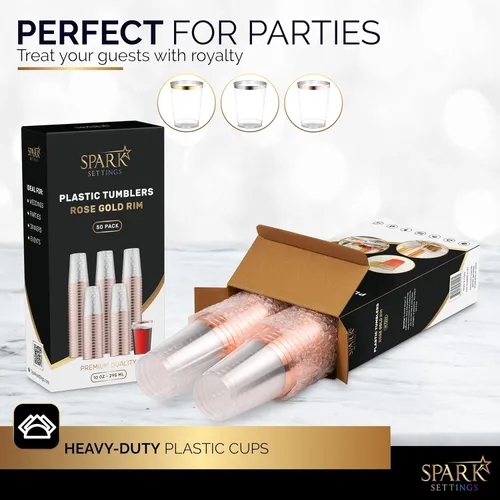 Vista 2 de Vasos de plástico color oro rosa desechables, paquete de 50 vasos de fiesta transparentes de 10 onzas, vasos de vino de plástico resistentes