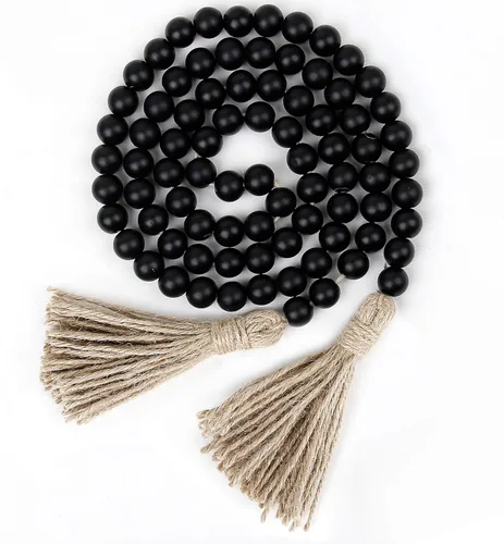 Guirnalda de cuentas de madera de 58 pulgadas con borlas, decoración rústica de granja, decoración de oración bohemia para colgar en la pared (negro)