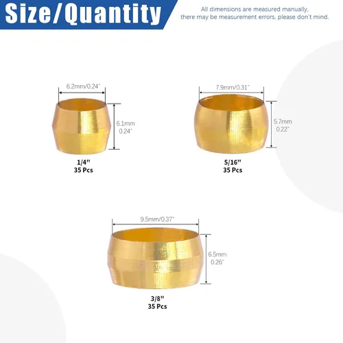 Vista 2 de Glarks 105 casquillos de compresión de latón OD de 1/4 pulgadas, 5/16 pulgadas, 3/8 pulgadas, kit surtido de accesorios de compresión de latón de 3
