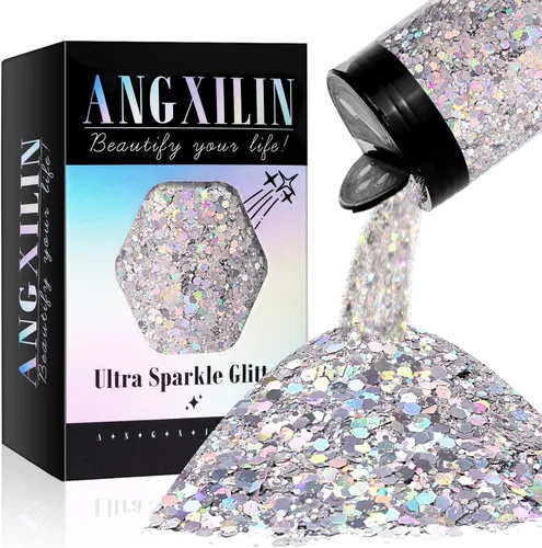 Purpurina mixta gruesa y fina holográfica, 190g/6.7oz - Plata láser para cara, cuerpo y arte de uñas, para hacer vasos de resina epoxi y joyería