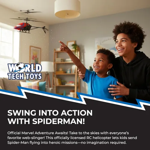 Vista 2 de World Tech Toys Marvel Spider-Man Helicóptero RC – Helicóptero de Control Remoto Fácil de Volar con Luces LED, Cuerpo Duradero, Rotores Coaxiales