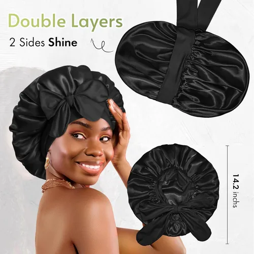 Vista 3 de BONNET QUEEN Gorro reversible de satén de seda para dormir, doble capa, ajustable, trenzas rizadas, peluca de cabello natural, banda para gorro