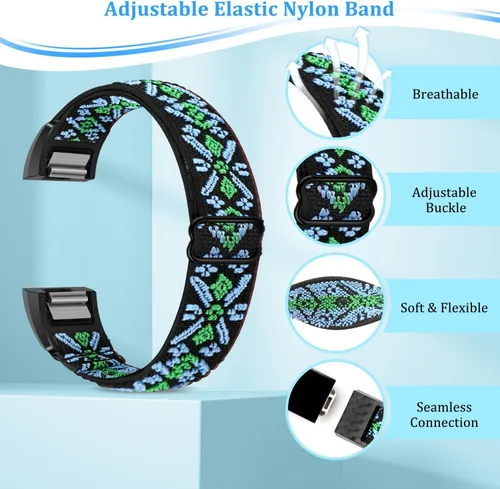 Vista 6 de TumpCez Bandas elásticas compatibles con Fitbit Charge 2, correa de repuesto ajustable elástica de nailon suave Solo Loop para Fitbit Charge 2