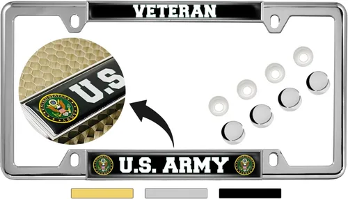 Vista 11 de Producto con licencia oficial - Veterano del Ejército de EE. UU. - Marco de matrícula de coche personalizado de 4 agujeros con diseño abovedado