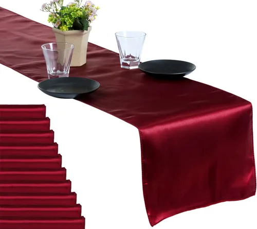 MDS - Paquete de 5 caminos de mesa de satén de 12 x 108 pulgadas de largo, para boda, satén, seda brillante, suave, camino de mesa para boda, Granate