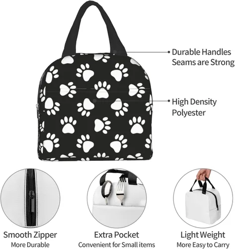 Vista 4 de Bolsa de almuerzo con estampado de patas de perro, bolsa compacta con huellas de animales, reutilizable, contenedor para mujeres, hombres, escuela