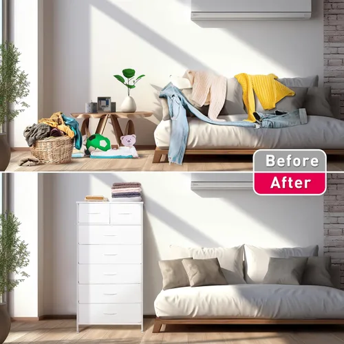 Vista 6 de Mifuro - Cómoda alta para dormitorio, torre organizadora de almacenamiento vertical con 7 cajones, cómoda con contenedores de tela, marco de acero