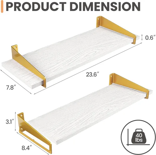Vista 3 de upsimples Estantes de pared para decoración, estantes flotantes largos de oro blanco para montar en la pared, estantes de madera rústica resistentes