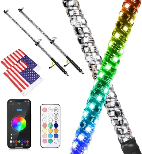 Vista 9 de Luces LED para látigo, 2 unidades, 2 pies, UTV, ATV, látigos iluminados, aplicación Bluetooth, control remoto, luces LED RGB, antenas de látigos