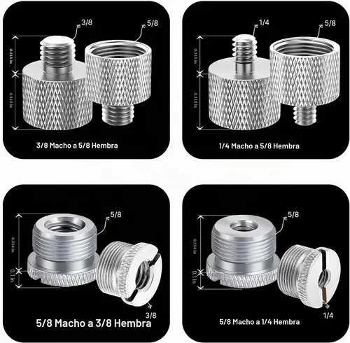 Vista 2 de IXTECH Juego de Adaptadores para Soporte de Micrófono - Kit de 8 Piezas de Adaptadores de Trípode de Metal - 5/8 Hembra a 3/8 Macho y 1/4 Hembra a 9