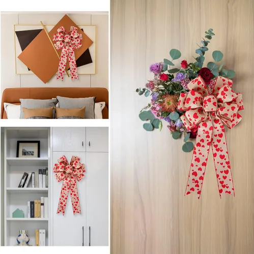 Vista 5 de Paquete de 2 lazos grandes de Burlaop con forma de corazón rojo impreso para el día de San Valentín, decoración para el día de San Valentín, boda