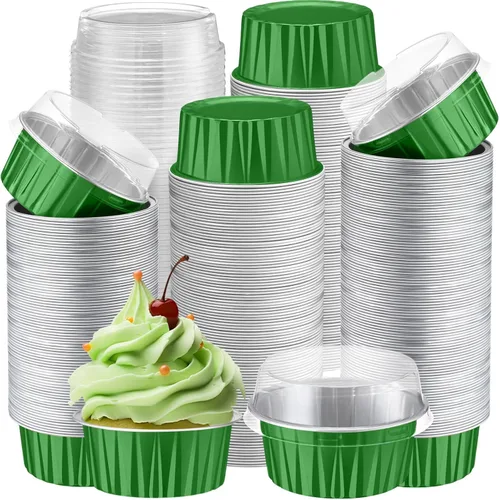 Vista 34 de Gejoy 400 tazas de papel de aluminio para hornear con tapas, moldes desechables de 5 onzas, mini moldes para tartas, moldes para magdalenas, moldes