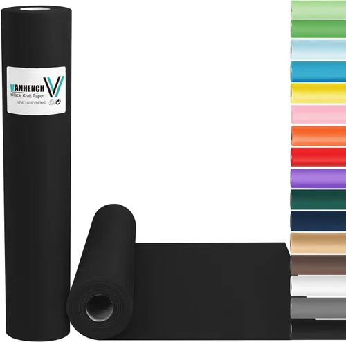Vanhench Papel Negro para Arte y Construcción 17.6"×670", Rollo de Papel Kraft Negro para Regalos, Manualidades, Envoltorio de Flores para Ramos,