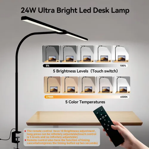 Vista 2 de Lámpara de escritorio LED para oficina en casa, luz de escritorio de arquitecto con abrazadera, 50 modelos de iluminación, control remoto y táctil