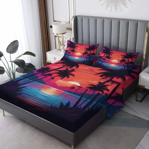 Vista 10 de Juego de sábanas con temática de playa tamaño individual, sábanas costeras, microfibra suave, bolsillo profundo, sábanas y fundas de almohada