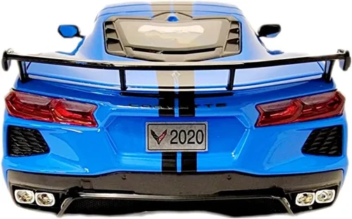 Vista 4 de Chevy Corvette Stingray C8 Coupé 2020 con ala alta azul con rayas negras 118 modelo fundido a presión Car31455
