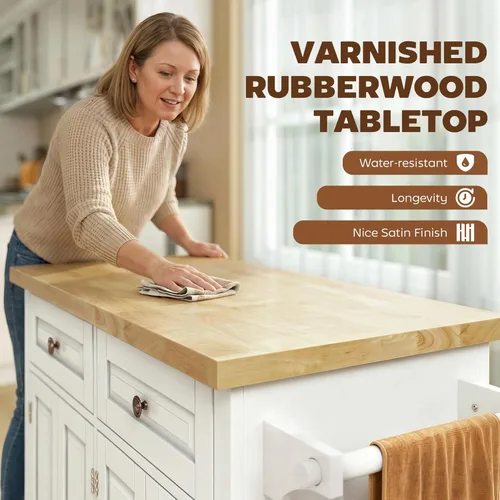 Vista 3 de HOMCOM Carrito de Isla de Cocina con Superficie de Madera de Caucho, Mesa de Isla de Cocina Rodante sobre Ruedas con Cajones, Estantes Ajustables