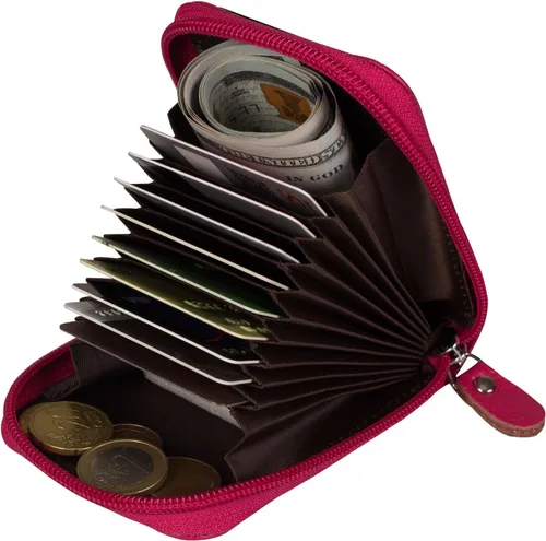 Vista 5 de Billetera con cierre de cuero genuino con tarjetero con bloqueador de señal RFID, S, Rojo rosa