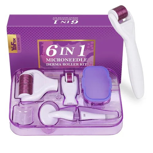 Vista 7 de YaFex Derma Roller para cara y cuerpo - Kit de rodillo de microagujas de titanio 6 en 1, rodillo de microagujas, 300 y 720 agujas de 0.010 in, 1200