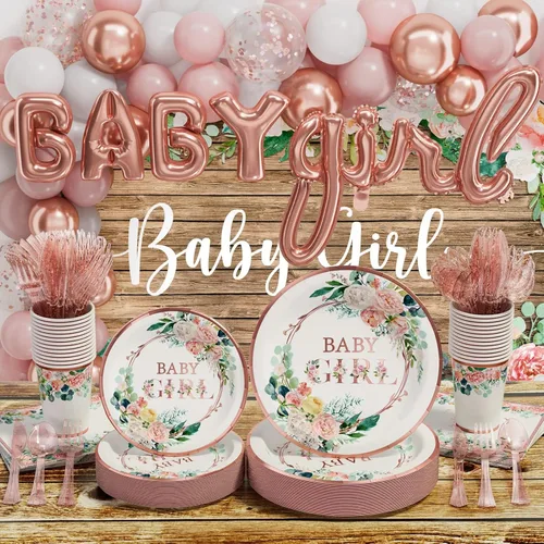 Ecomore Baby Shower Decorations for Girl - 249 PCS Baby Girl Gender Reveal Party Supplies & Disposable Dinnerware Set (25 Guest) with Pink Rose Gold