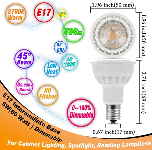 Vista 2 de Heifymi Reflector regulable E17 tipo base intermedia R14 de 6 W (equivalente a 60 vatios), blanco cálido 2700 K, 600 lúmenes, bombilla LED E17