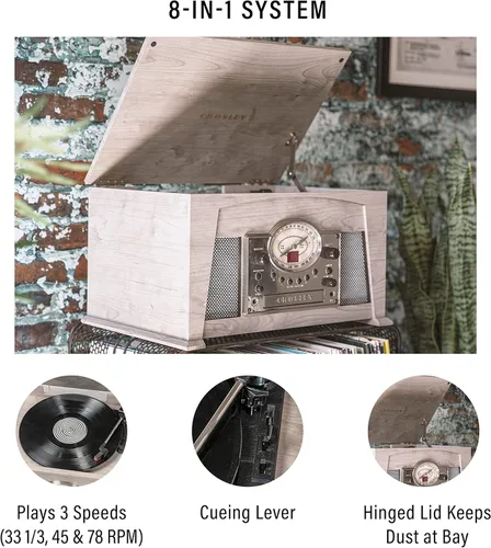 Vista 2 de Crosley CR7015A-GY Medley - Tocadiscos de vinilo de 3 velocidades con Bluetooth, radio AM/FM, reproductor de CD, cubierta de casete y entrada Gris