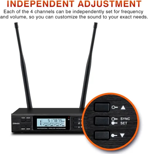 Vista 4 de Micrófono inalámbrico UHF de 4 canales, micrófonos de mano inalámbricos profesionales para cantar karaoke, iglesia, frecuencia ajustable de 4 x 100