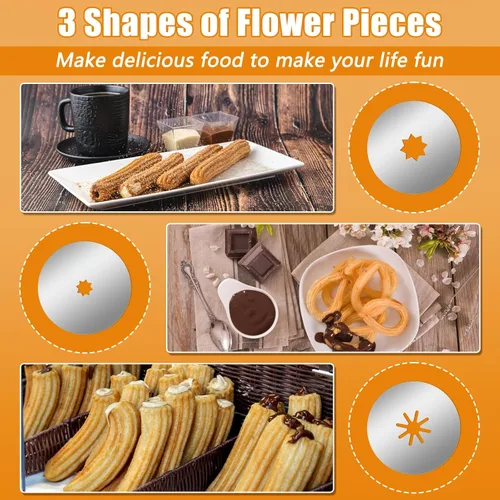 Vista 3 de 1+8PCS Churro Maker Kits, acero inoxidable Churro Maker Machine/ 3 piezas de flores/2 cepillos/bolsa de tuberías/boquilla de tubería/convertidor