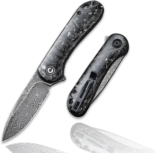 Vista 9 de CIVIVI Elementum - Cuchillo de bolsillo Damascus, cuchillo plegable ligero con hoja de 2.96 pulgadas, mango negro G10 con revestimiento de fibra