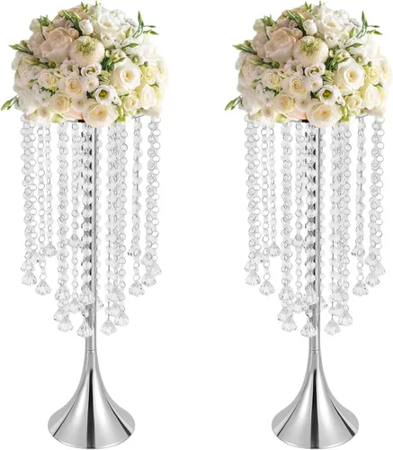 2 jarrones de flores de boda de 21.9 pulgadas de alto, centros de mesa plateados para mesa de boda, soporte alto de flores, centro de mesa