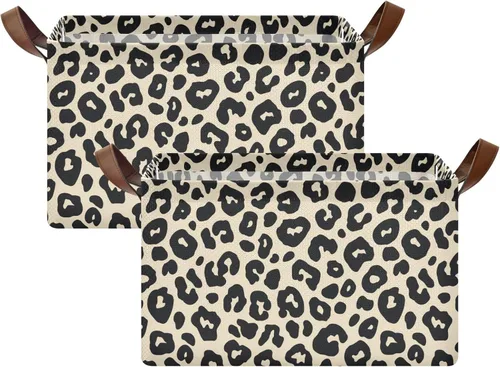 Vista 2 de Leopard Pattern Cream Black Storage Baskets Storage Cubes Organizer with Handles Books Towels and Clothes for Shelves Closet Books cajas