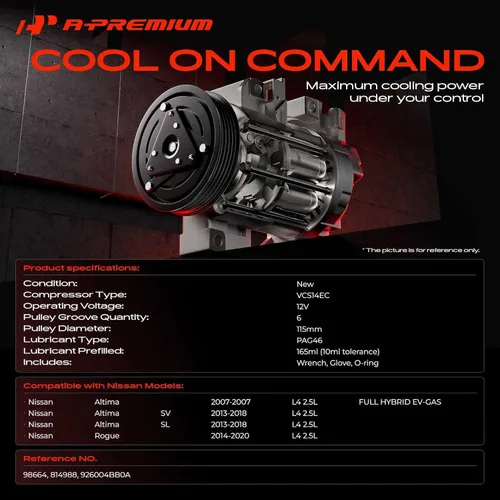 Vista 2 de A-Premium Compresor de aire acondicionado AC con embrague Compatible con Nissan Altima 2.5L 2007 2013-2018, Rogue 2.5L 2014-2020, estilo VCS-14EC