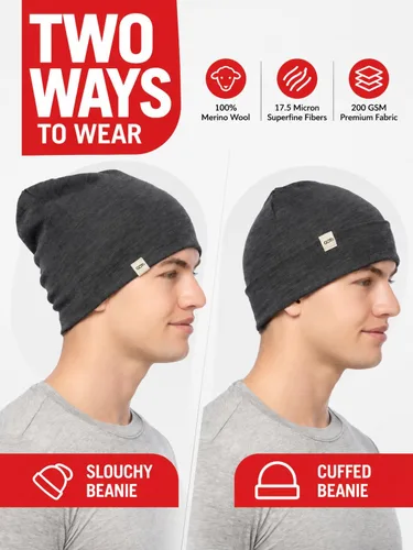 Vista 4 de 100% Merino Wool Beanie - Cuffed Ski Running Winter Hat for Men Women Charcoal Gray