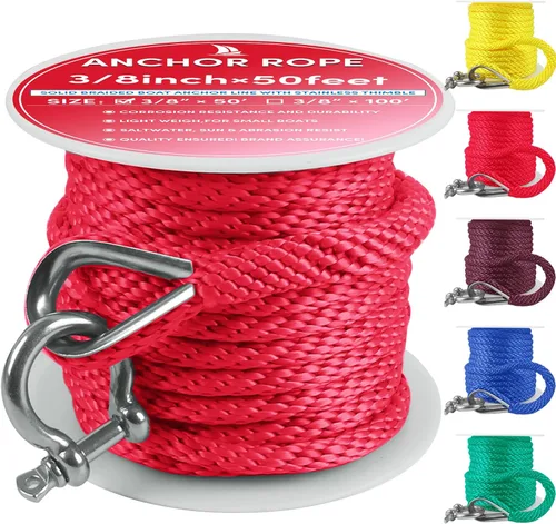 Vista 65 de Cuerda de anclaje premium de 50 pies x 1/2 pulgadas, línea de anclaje trenzada sólida MFP para barco con dedal y grillete - Negro